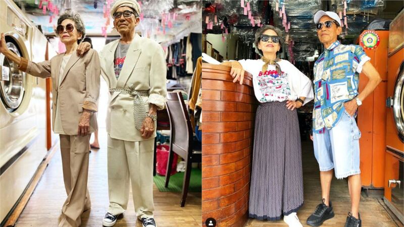 The couple from the Houli district of Taiwan began modelling clothes left behind in their laundrette.