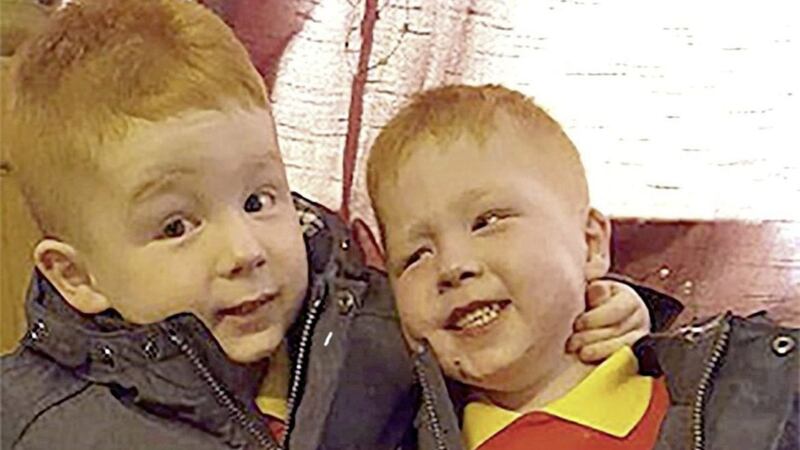 Kayden Fleck (pictured on the right) with his twin, Jayden. The five-year-old boys fell into the Braid River and Kayden was swept further down river and later died in hospital. Picture by Pacemaker 