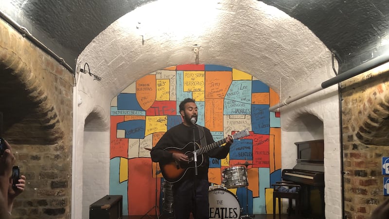 Himesh Patel performed at a press event at The Beatles Story museum in Liverpool.