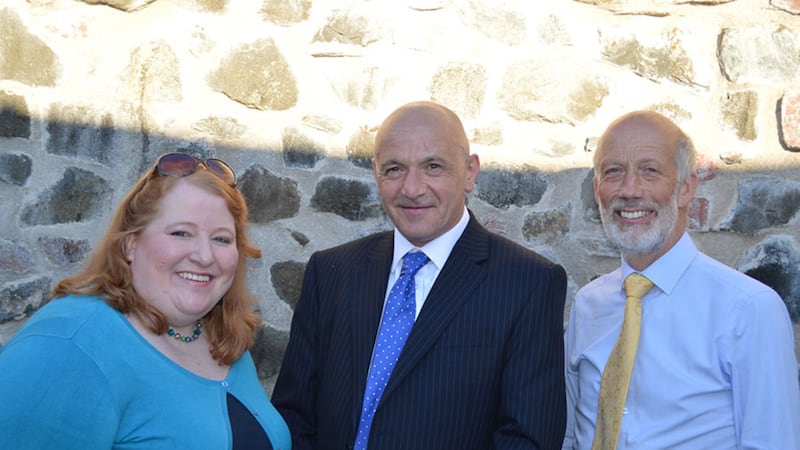 John Blair (centre) pictured with Alliance leader Naomi Long and former MLA David Ford&nbsp;