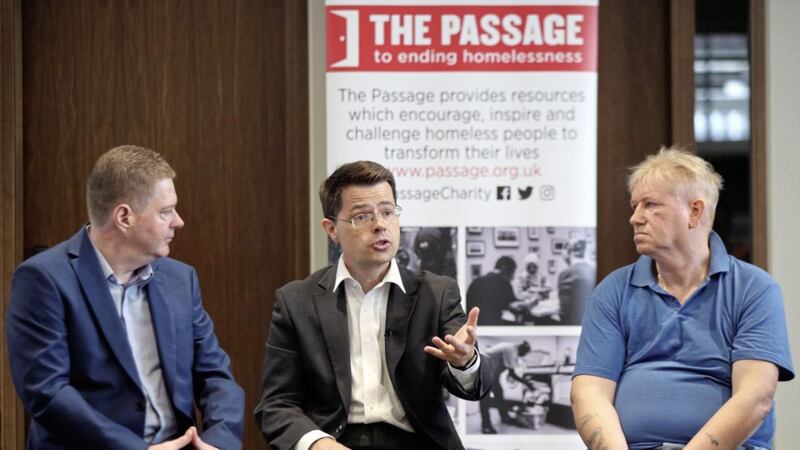 Communities secretary James Brokenshire sits with Mick Clarke, left, chief executive of The Passage, and Brian Ward, right (60), who has been a client of the homelessness charity for 19 years as MP Chris Skidmore urged Tory colleagues to return their focus from Brexit to domestic policies. Mr Brokenshire was speaking to volunteers and homeless people at the charity&#39;s base in central London as the government launched a &pound;100 million plan to end rough sleeping on England&#39;s streets by 2027 PICTURE: Yui Mok/PA 
