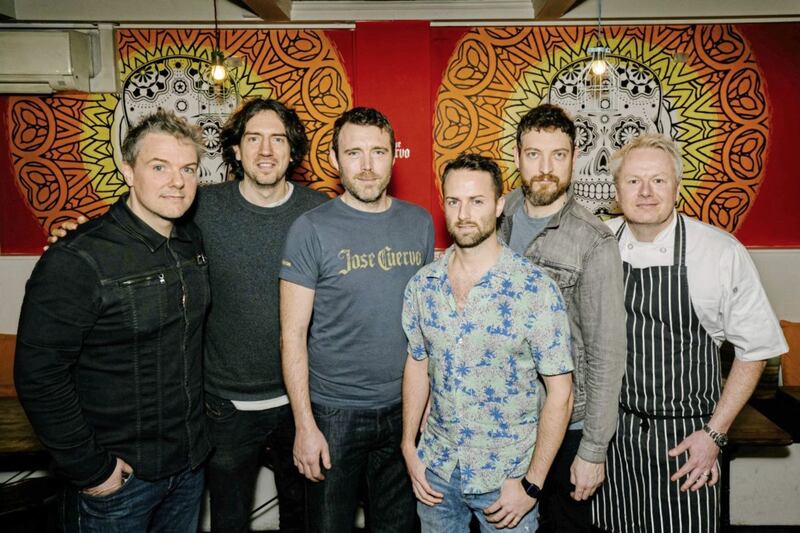 Pictured celebrating the opening La Taqueria on Belfast&#39;s Ormeau Road were Stevie Haller, Snow Patrol singer Gary Lightbody, La Taqueria directors Adam Lynas and Joe Goudie, Snow Patrol guitarist Nathan Connolly, and Andy Rea, owner of La Taqueria. Picture by Michael McCrory 