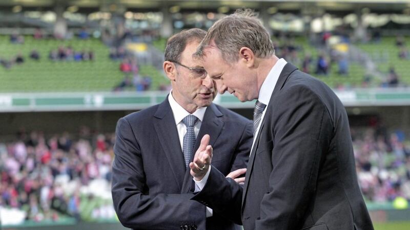 Republic of Ireland manager Martin O&#39;Neill and Northern Ireland manager Michael O&#39;Neill will meet again at the Aviva in Dublin this November, having been there together at an FAI Cup Final. Picture Margaret McLaughlin 
