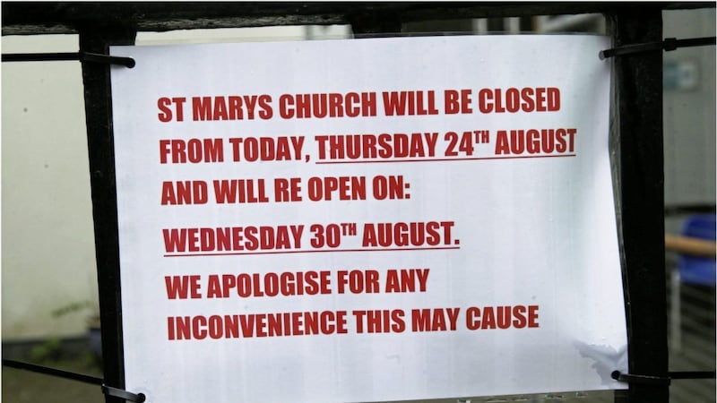 St Mary&#39;s Church in Belfast remains closed, with Masses being celebrated in the Living Youth building next door. Picture by Hugh Russell 