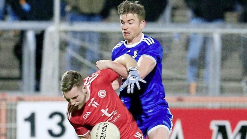 Tyrone&#39;s Niall Sludden and Dessie Mone (Monaghan) in action during the Allianz Football League Division One clash at Healy Park, Omagh on February 23 2019. Picture by Philip Walsh. 