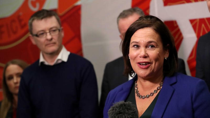 Sinn F&eacute;in's president Mary Lou McDonald addresses the media in Dublin, as Sinn F&eacute;in's David Cullinane looks on. Picture by Niall Carson/PA Wire&nbsp;