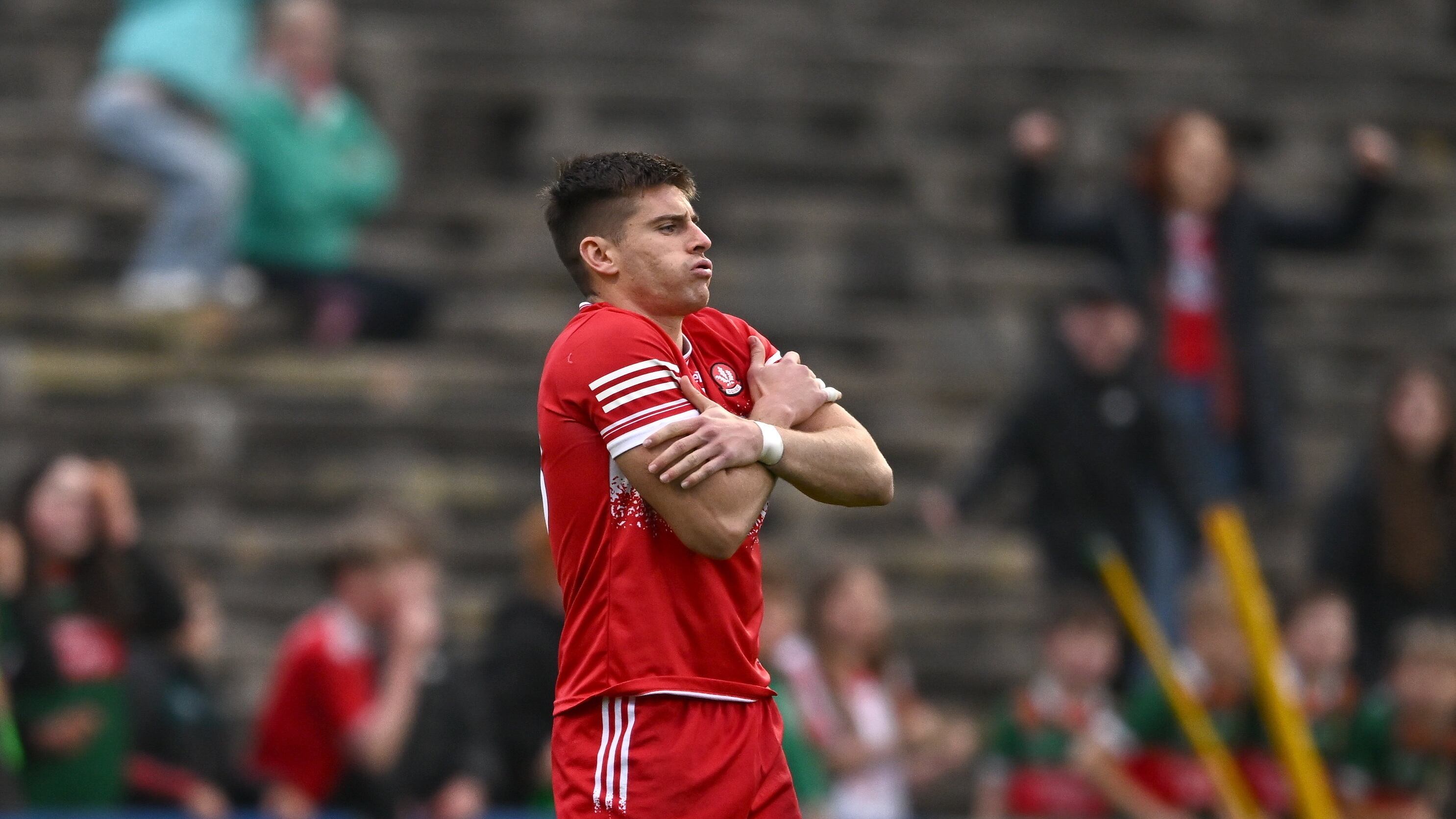 22 June 2024; Conor Doherty of Derry celebrates after scoring the winning goal in the penalty shoot during the GAA Football All-Ireland Senior Championship preliminary quarter-final match between Mayo and Derry at Hastings Insurance MacHale Park in Castlebar, Mayo. Photo by Seb Daly/Sportsfile