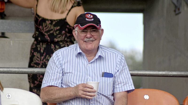 Donal Brolly, aka Oul Duck, pictured as he was - at football, supporting Derry or Drum, with a smile on his face. Picture by Mary K Burke 