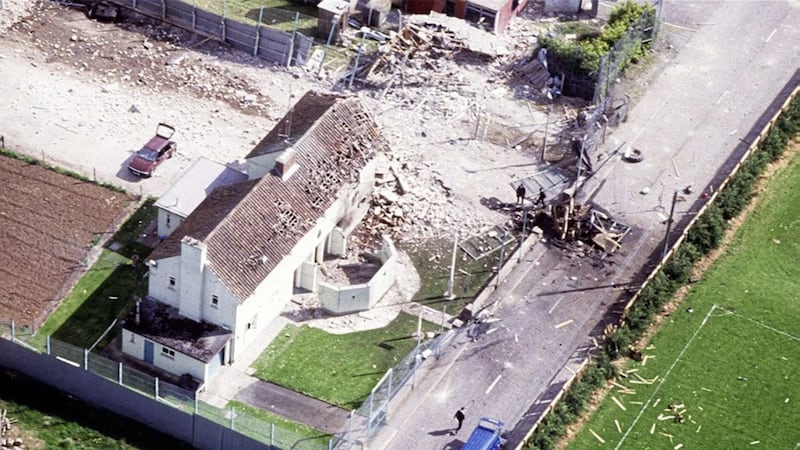 Aerial view of Loughgall ambush. The bullet riddled Hiace van (blue at bottom) in which 8 IRA men were shot dead by the SAS outside Loughgall RUC station in 1987.. 