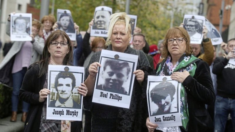 Relatives of those killed in Ballymurphy, from left, Janet Donnelly, daughter of Joseph Murphy, Marianne Phillips, niece of Noel Phillips and Briege Voyle, daughter of Joan Connolly. Picture by Hugh Russell 