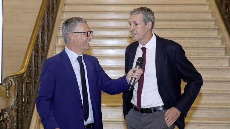 Liverpool FC chief scout Barry Hunter (right) being interviewed at the Supercup NI (Milk Cup) 40th anniversary event at Stormont. Pic: Declan Roughan - Press Eye 