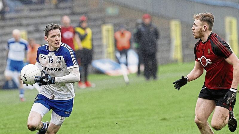Down&#39;s Gerard McGovern trying to get close to Monaghan&#39;s Conor McManus last year. Picture Colm O&#39;Reilly 