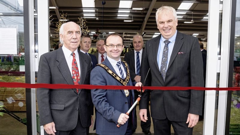 David Chick, director Coleman&#39;s Garden Centre, pictured with Councillor Paul Hamill, Mayor of Antrim and Newtownabbbey Borough Council, and Richard Fry, co-director, Colemans 