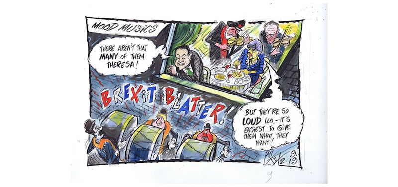 Ian Knox cartoon 9/2/19: Theresa May returns empty handed from from Brussels following a &ldquo;robust but constructive&rdquo; meeting with president Jean-Claude Juncker. The EU again refused to reopen the withdrawal agreement agreement and its controversial backstop&nbsp;