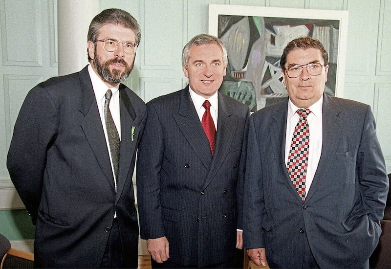 Former Taoiseach Bertie Ahern (centre) pictured with then Sinn Féin president Gerry Adams and SDLP leader John Hume, now deceased