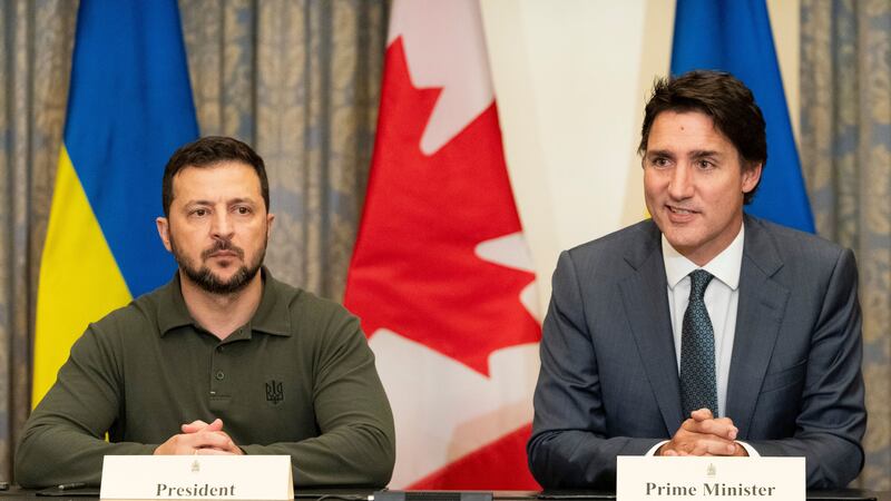 Canadian Prime Minister Justin Trudeau, speaks alongside Ukrainian President Volodymyr Zelensky (Spencer Colby/The Canadian Press via AP)