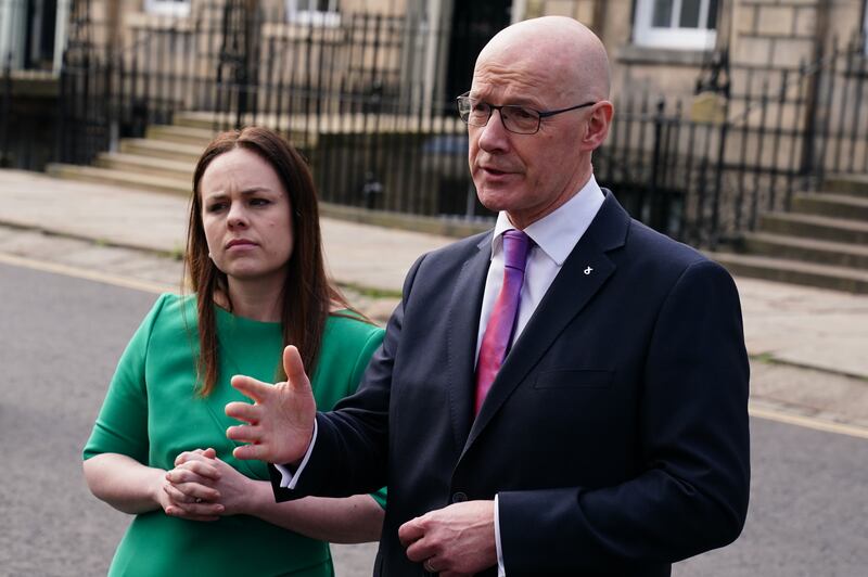 Newly appointed First Minister of Scotland John Swinney and deputy Kate Forbes outside Bute House, Edinburgh