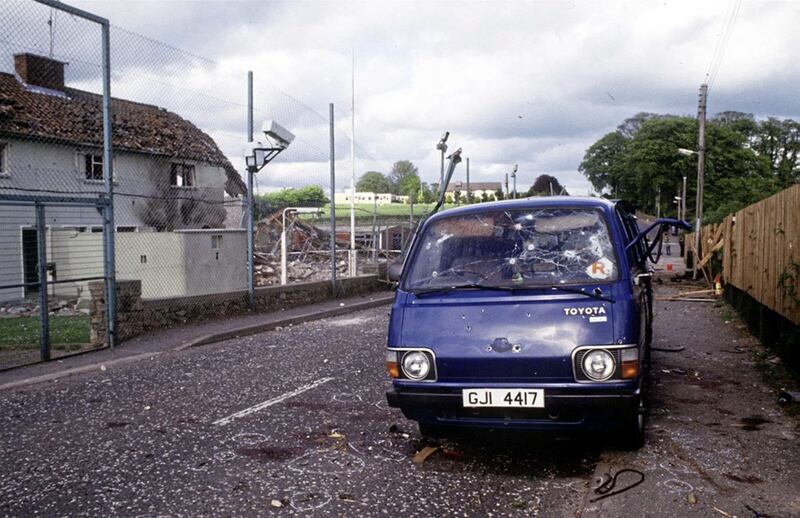 The bullet riddled Hiace van in which 8 IRA men were shot dead by the SAS outside Loughgall RUC station in 1988. Picture by Pacemaker