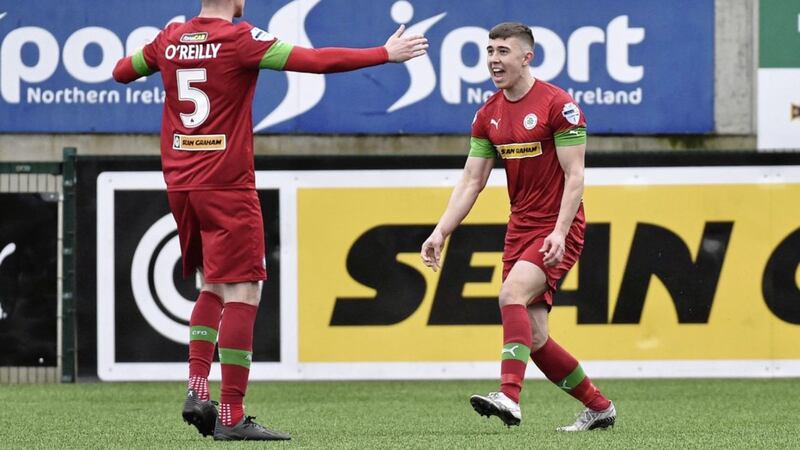 Cliftonville&rsquo;s Paul O&rsquo;Neill celebrates his goal against Glentoran at Solitude on Saturday Picture by Colm Lenaghan/Pacemaker 