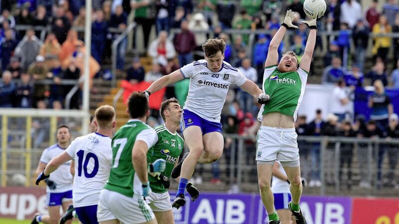 Niall Kearns, seen leaping with Fermanagh&#39;s Aidan Breen, made his first Monaghan start of the year against the Ernemen last Sunday. Picture by Philip Walsh 