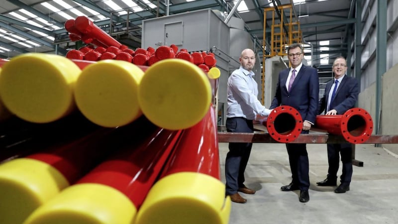 Strabane-based Fabplus has announced it is planning to more than double its workforce and turnover. Darren McGavigan (left), Fabplus is pictured with Alastair Hamilton and Des Gartland, Invest NI   