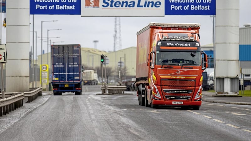 Freight lorries travelling through the Port of Belfast. Rishi Sunak said the Windsor Framework removes “any sense of a border in the Irish Sea”. Picture by Liam McBurney/PA Wire.