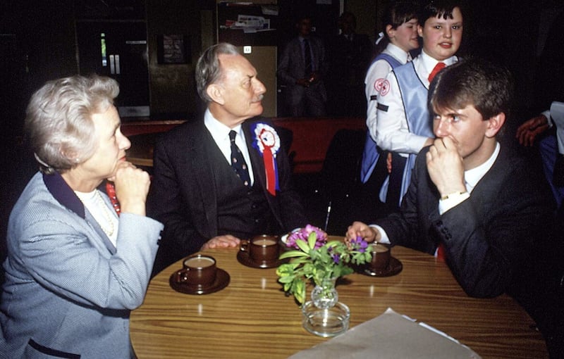 A young Sir Jeffrey Donaldson pictured with former South Down MP Enoch Powell 