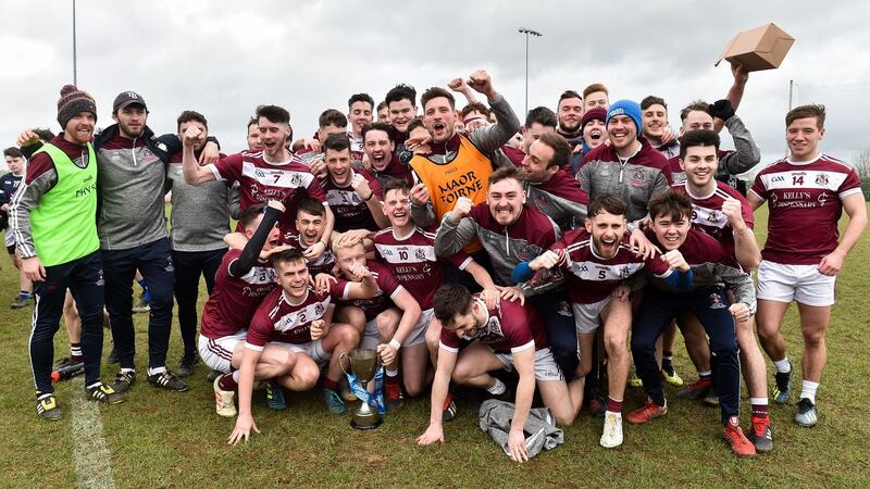 The Hope University players celebrate last month's Corn na MacL&eacute;inn Higher Education Championship victory in Mallow. Picture by Sportsfile