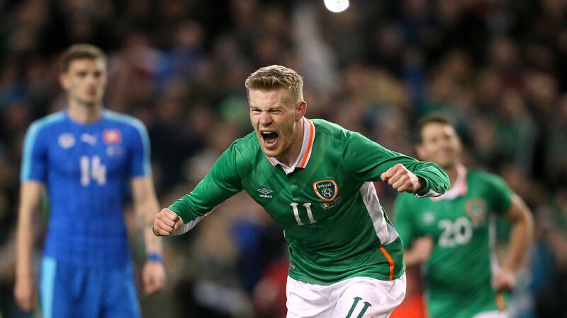 Republic of Ireland's James McClean celebrates scoring from the spot in a friendly with Slovakia at the Aviva Stadium, Dublin