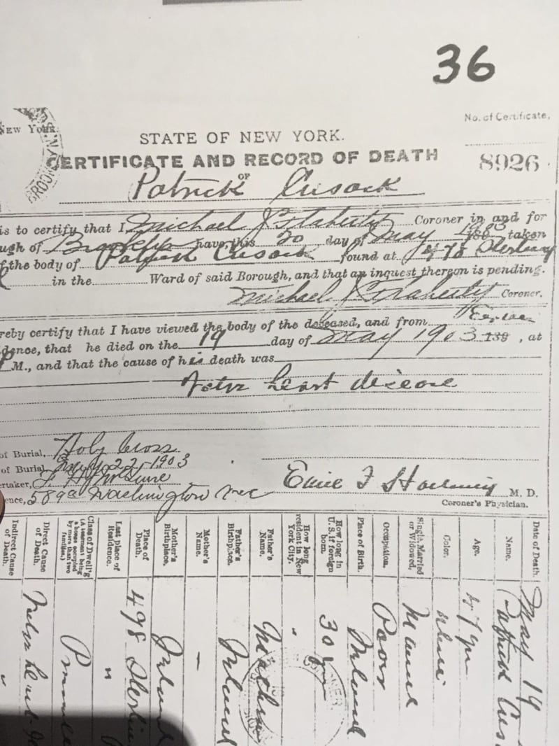 Death certificate of Patrick Cusack, Michael Cusack&#39;s youngest brother 