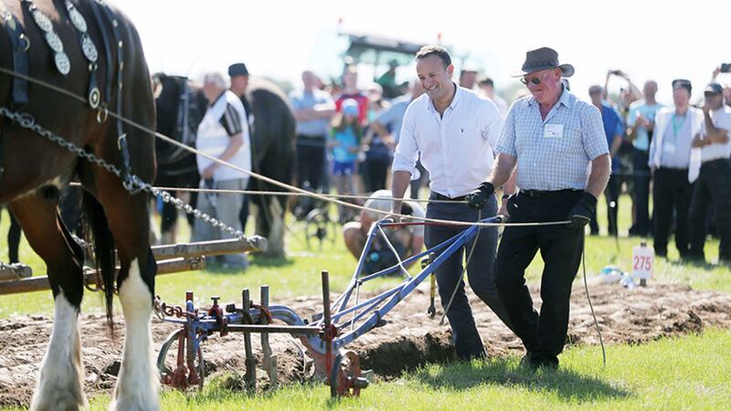 Taoiseach Leo Varadkar tries his hand at ploughing with Colman Cogan and his two horses Ned and Ted from Sligo during the National Ploughing Championships in Co Carlow&nbsp;