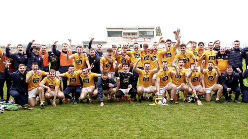 Antrim hurlers celebrate winning the Division 2A title at the weekend. Picture by Seamus Loughran 