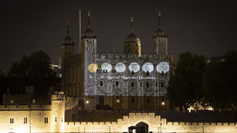 Striking images of coins from Elizabeth’s reign were projected to mark the monarch’s coronation anniversary.
