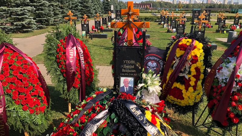 The grave of Dmitry Utkin, who oversaw the Wagner Group’s military operations, at the Federal Military Memorial Cemetery in Mytishchy, outside Moscow (Alexander Zemlianichenko/AP)