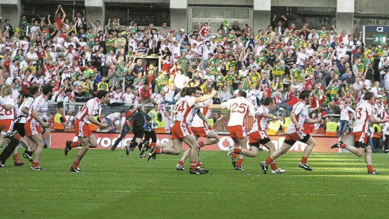 Tyrone players celebrate after their All Ireland win against Kerry in 2008. Picture by Colm O&#39;Reilly 