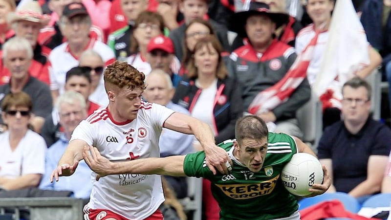 Tyrone&#39;s Conor Meyler challenges Kerry&#39;s Stephen O&#39;Brien during the All-Ireland SFC semi-final this summer. Picture by Philip Walsh 