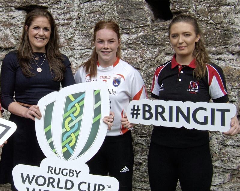 Niamh Marley pictured with former Irish rugby international Fiona Coghlan in 2017 and Ulster&#39;s Leah McGoldrick, who now plays for English Championship team Bath.  