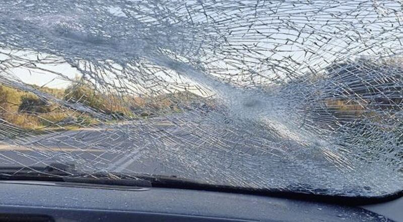 The smashed windscreen in the car Dr Cochrane was travelling in. Picture by Dr Nicola Cochrane 