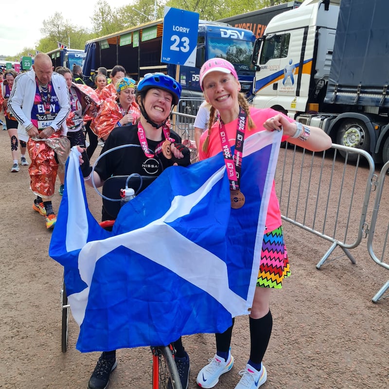 Dr Julie McElroy with her support runner, Gill Menzies, at the London Marathon
