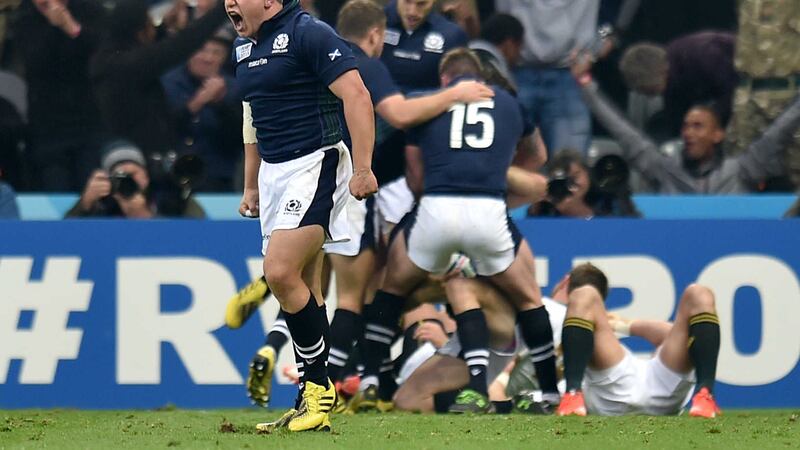 Duncan Weir celebrates a Scottish try in their 34-16 defeat against South Africa