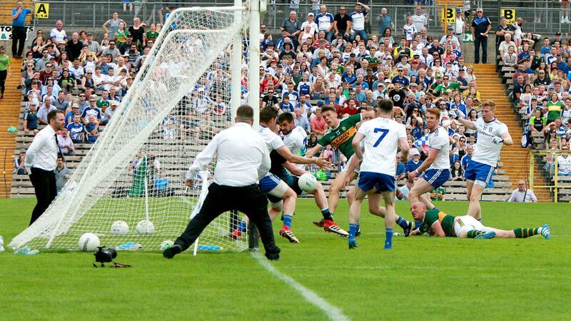 Kerry's David Clifford watches as his shot finds the corner of Rory Beggan's net during Kerry's clash with Monaghan in the second round of the Super 8s this afternoon&nbsp;