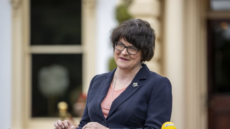 &nbsp;First Minister Arlene Foster during a press conference at the Galgorm Resort near Ballymena, Co Antrim, after a visit to see their recent multi million expansion investment.