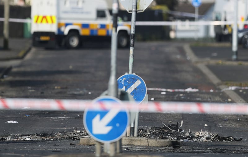 The scene on Fanad Drive in Derry, following the death of 29-year-old journalist Lyra McKee who was shot and killed when guns were fired and petrol bombs were thrown in what police are treating as a &quot;terrorist incident&quot;&nbsp;