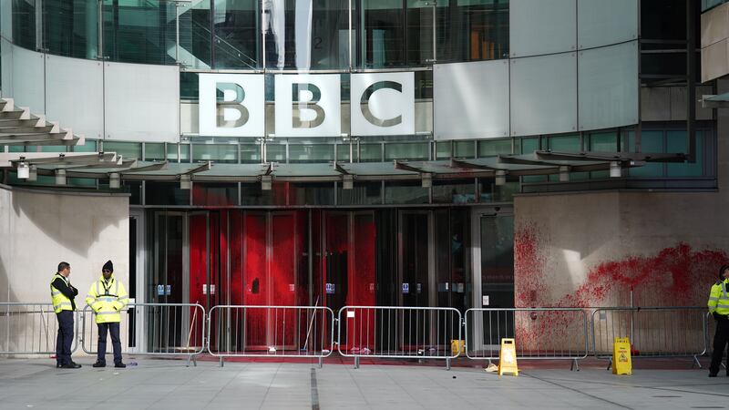 The scene at BBC Broadcasting House in London, after red paint was sprayed over the entrance (James Manning/PA)