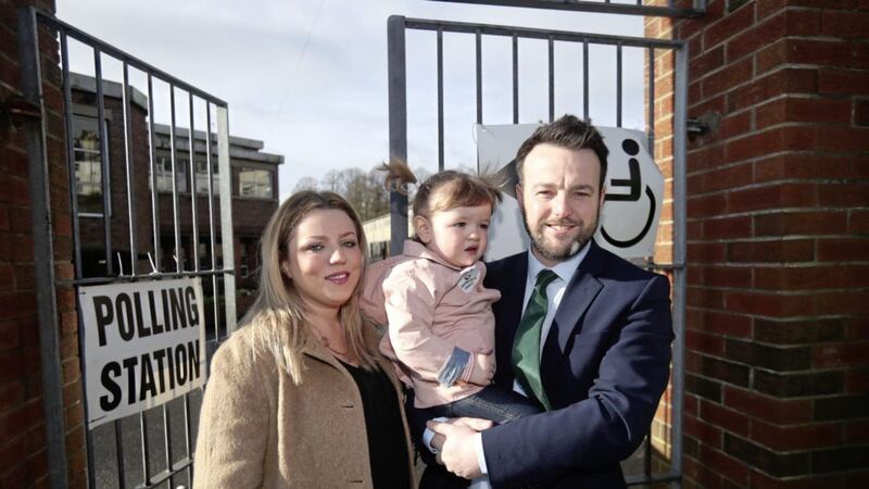 SDLP leader Colum Eastwood with wife Rachael and daughter Rosa last week 