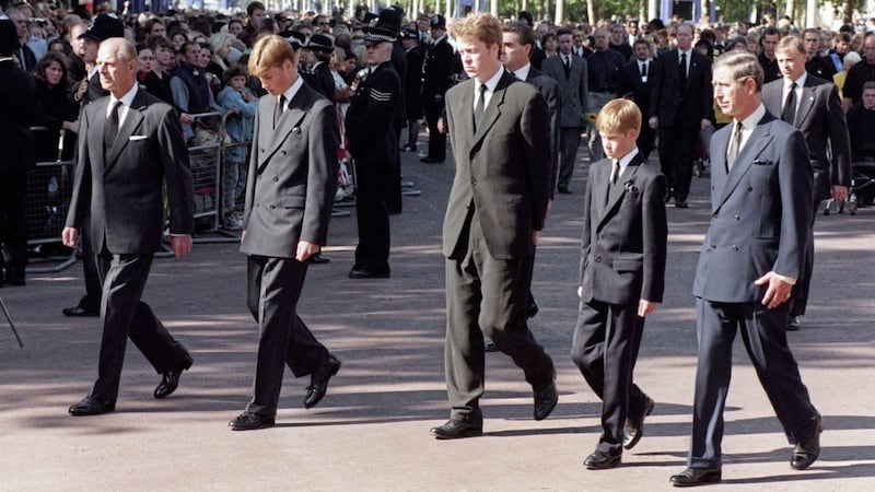 The Duke of Edinburgh, Prince William, Earl Spencer, Prince Harry and Prince Charles walk behind the coffin of Princess Diana during her funeral procession to Westminster Abbey Picture: Tony Harris/PA 