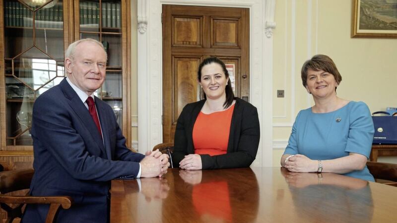 First Minister Arlene Foster and Deputy First Minister Martin McGuinness with Justice Minister Claire Sugden at Stormont. Picture by Kelvin Boyes, Press Eye