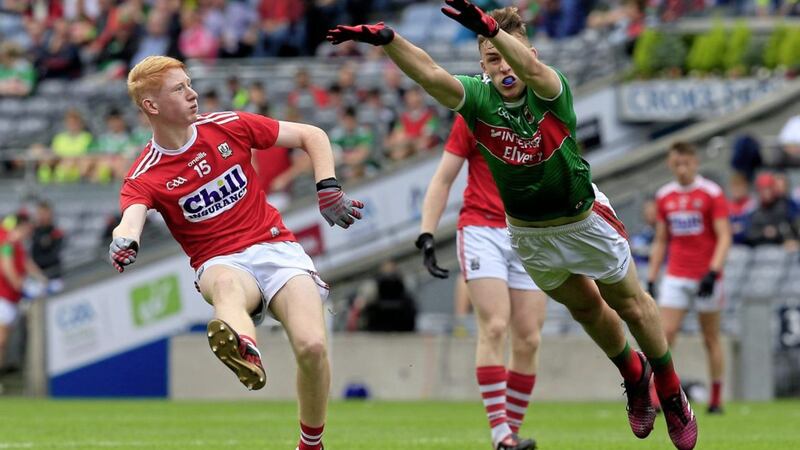Cork&#39;s Jack Cahalane and Mayo&#39;s Ois&iacute;n Tunney in action during the Electric Ireland GAA Football All-Ireland Minor Championship Semi-Final between Cork and Mayo at Croke Park Dubln on Saturday August 10-2019 Picture by Philip Walsh 