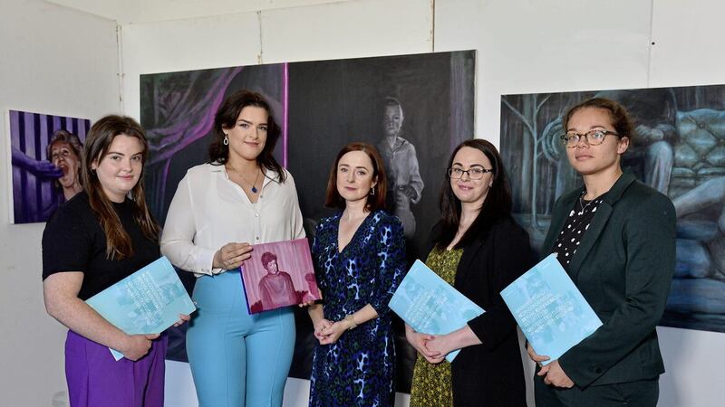 (L-R) Megan Reynolds, QUB PhD researcher, Emma Stewart, artist and UU graduate, and Siobhan O&#39;Neill, NI&rsquo;s Mental Health Champion pictured with lead researcher Dr Susan Lagdon (UU) and UU researcher Ngozi Anyadike-Danes                                      