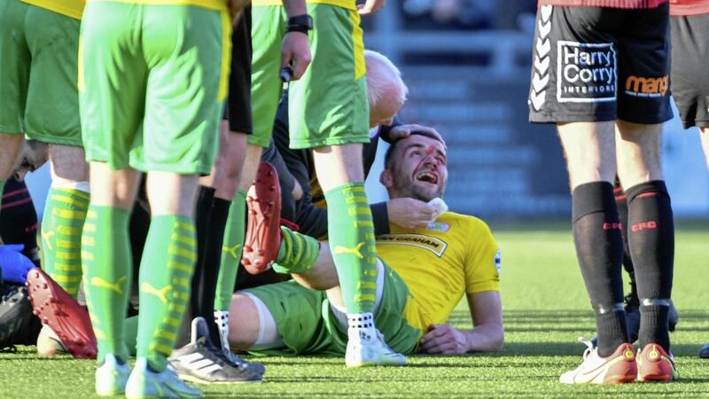 Cliftonville&#39;s Colin Coates sees the funnier side of a head wound he sustained in Saturday&#39;s north Belfast derby at Seaview Picture by Andrew McCarroll/ Pacemaker 